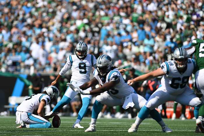Sep 12, 2021; Charlotte, North Carolina, USA; Carolina Panthers kicker Ryan Santoso (9) kicks a field goal in the fourth quarter at Bank of America Stadium.